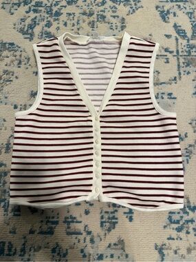 Striped Knit Button-Front Vest in White and Burgundy